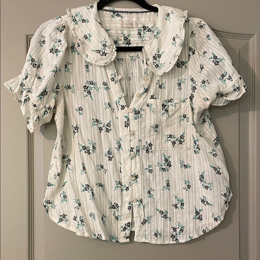 Pilcro Floral Button-Up Blouse - Cream and Green